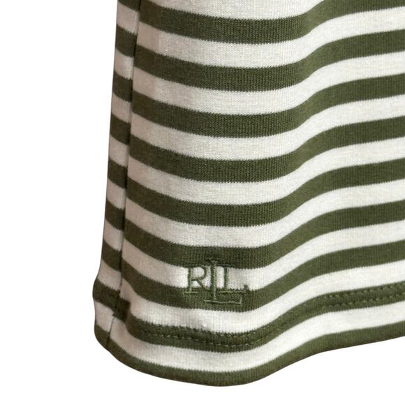 Lauren Ralph Lauren Striped Stretch Cotton Crewneck Tee Olive and White Large - Picture 4 of 6